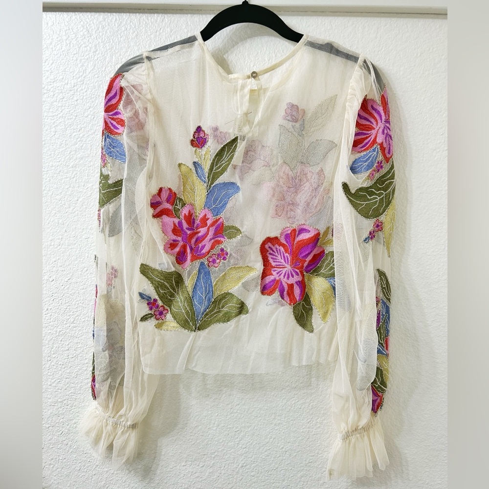 NEW XXS Anthropologie Layla Mesh Appliqué Long Sleeve Floral Embroidered Blouse - Picture 4 of 10